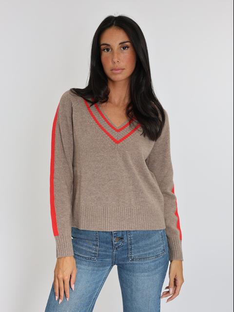 Kookai PULL COL V ASTRID BEIGE CHINÉ/ROUGE